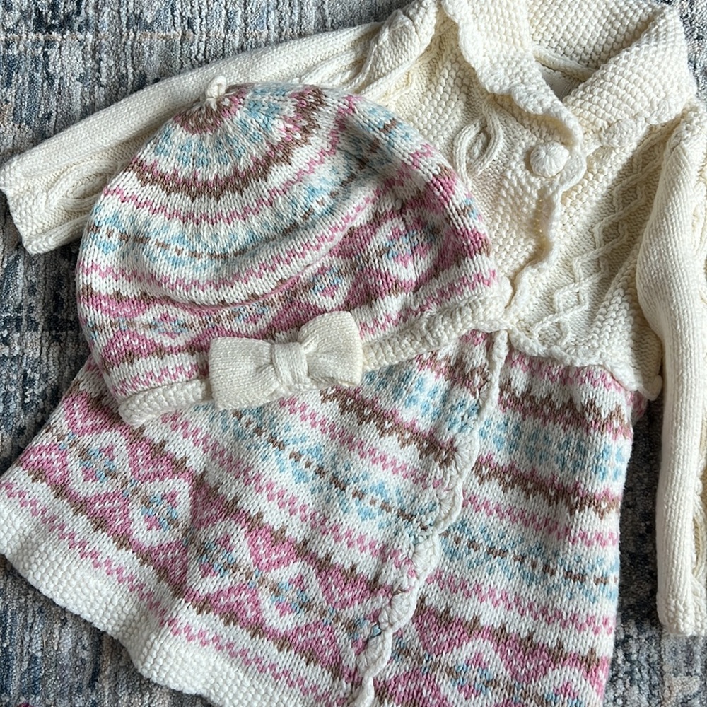 Fair isle sweater dress with matching beret beanie hat 0-3